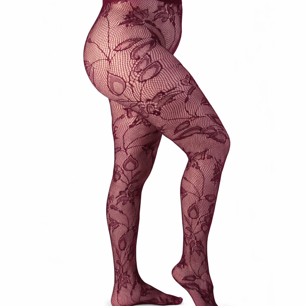 Collant a Rete con Motivo Floreale Effetto Pizzo - Bordeaux