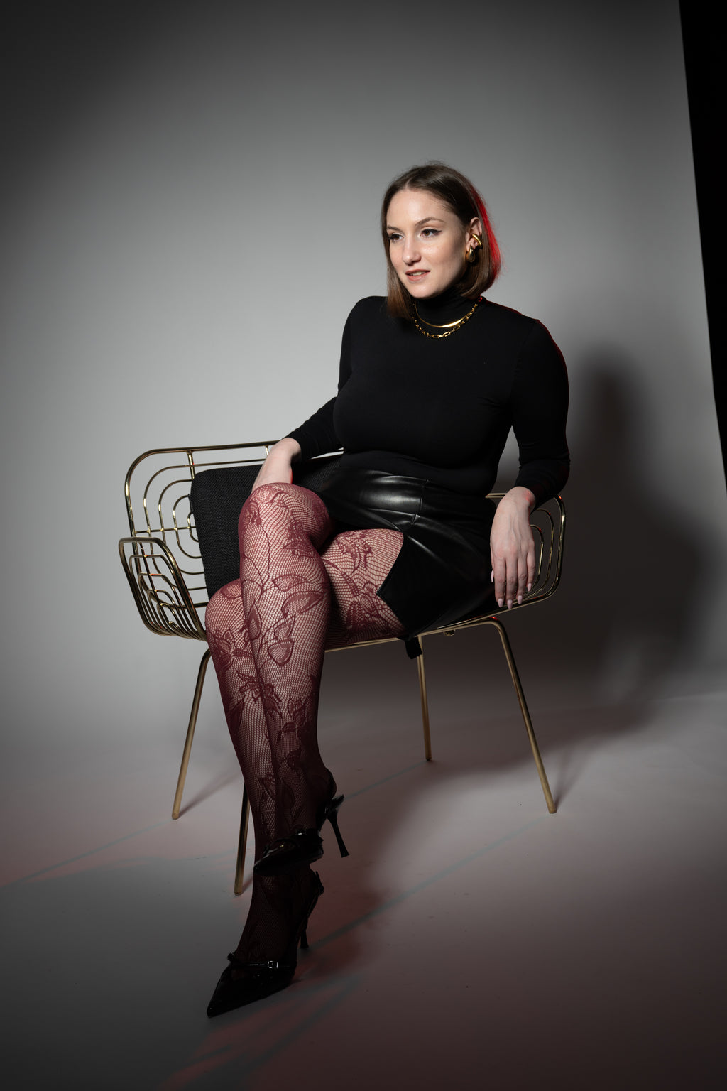 Collant a Rete con Motivo Floreale Effetto Pizzo - Bordeaux