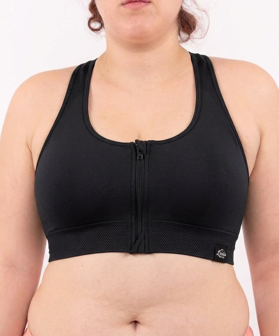 Bralette Sportiva Compressiva con Zip Frontale ad Alto Sostegno - Nero