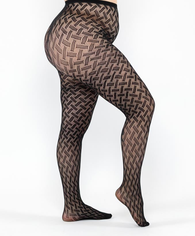 Collant a Rete Fantasia Intrecciata Nero Curvy per Taglie Forti | Leela Lab