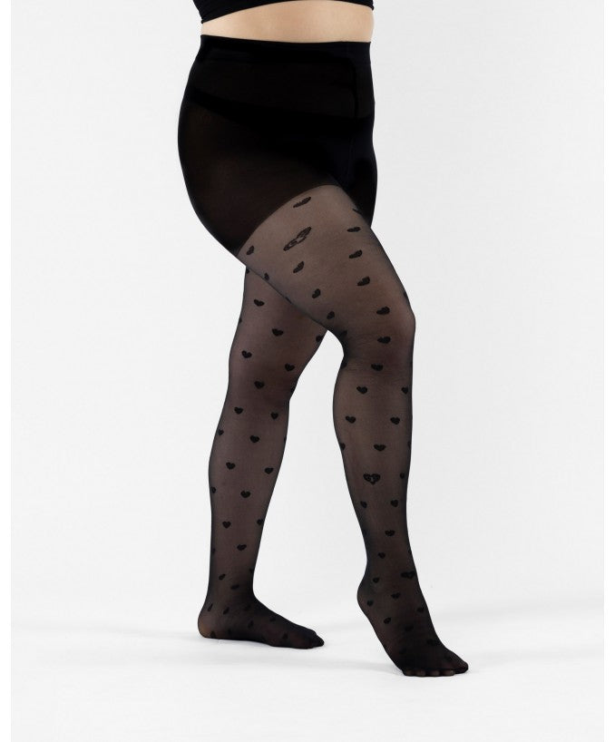 Collant Light con Cuori Leela 30 Den Nero Curvy per Taglie Forti | Leela Lab