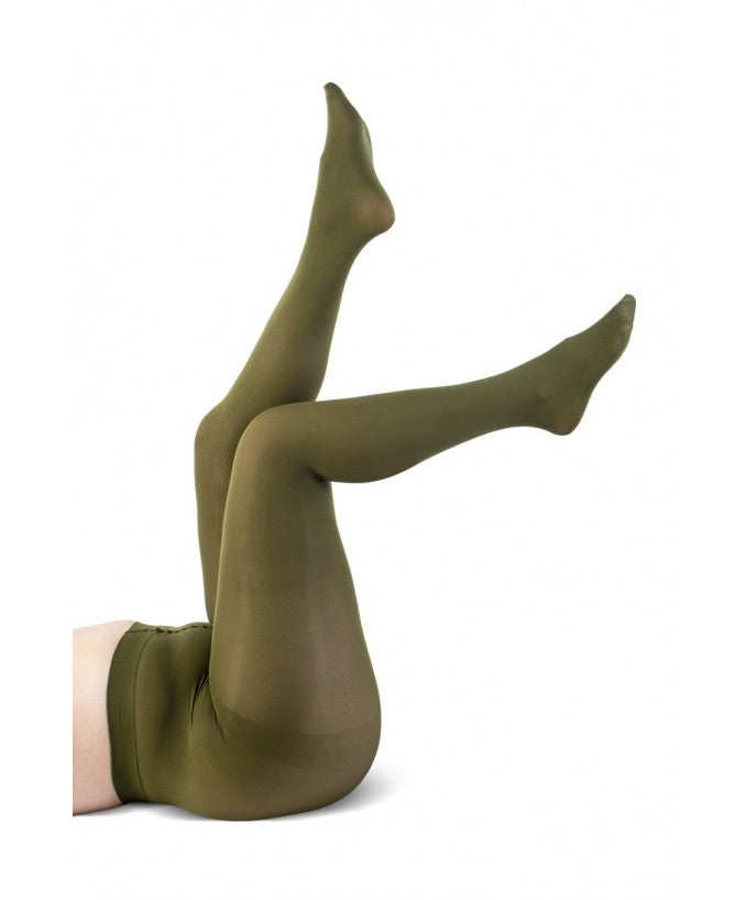 Dettaglio Collant Supermatte 90 Den Curvy Verde Militare | Leela Lab