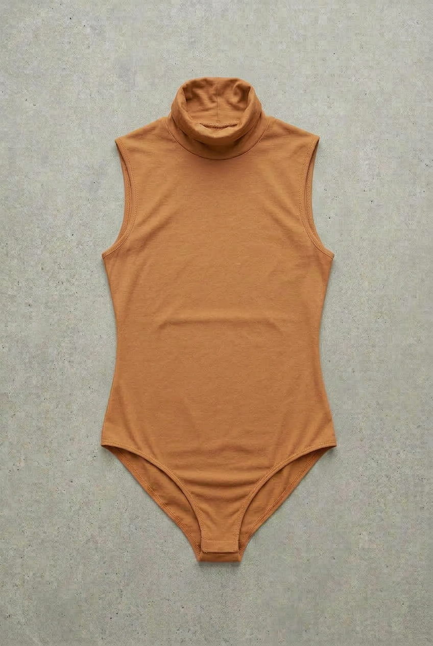 Body Dolcevita Senza Maniche Cammello Curvy per Taglie Forti | Leela Lab