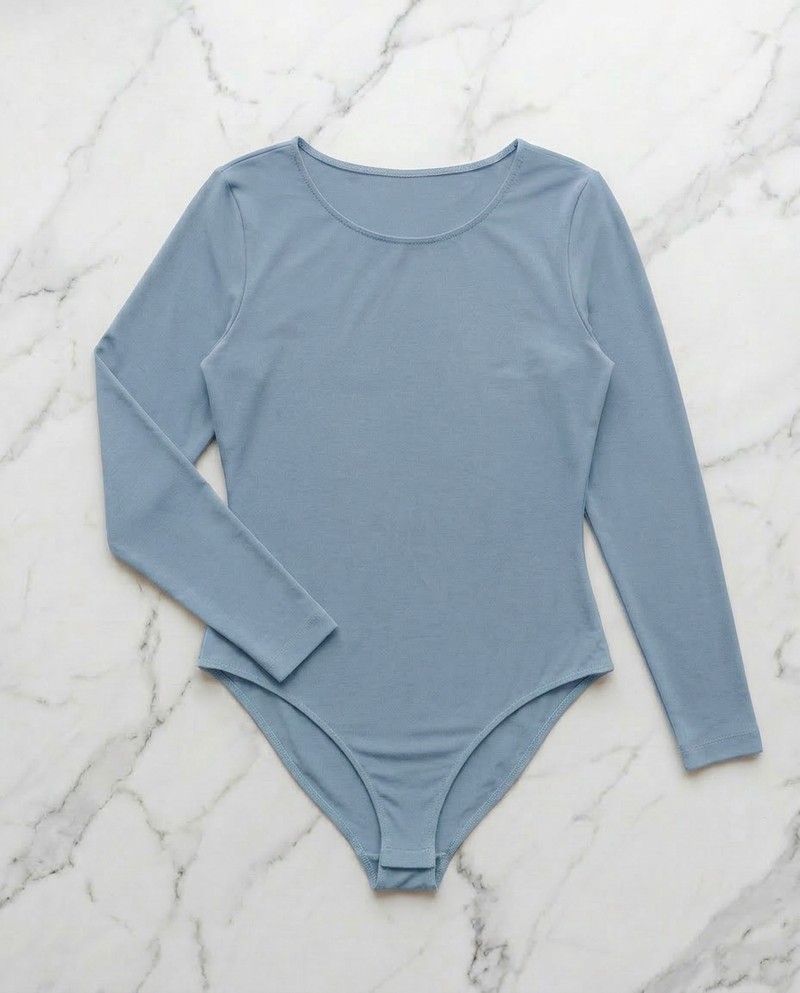 Body Manica Lunga Blu Desaturato Curvy per Taglie Forti | Leela Lab